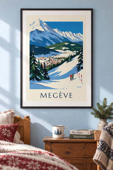 Plakat Megève, stoki na tle Mont-Blanc : w ramie na ścianie