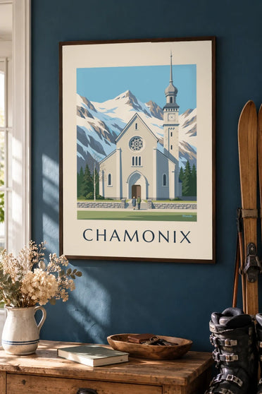 Plakat przedstawiający kościół Saint-Michel w Chamonix : w ramie na ścianie