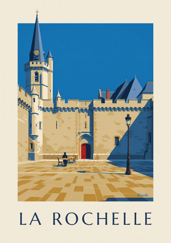 Plakat przedstawiający gotycki ratusz w La Rochelle
