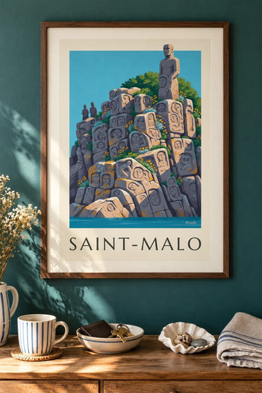 Plakat rzeźbionych skał Rothéneuf w Saint-Malo : w ramie na ścianie