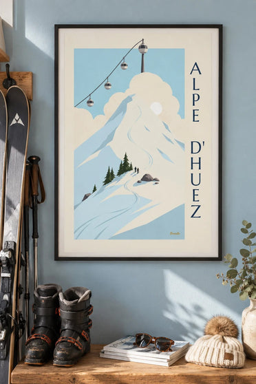 Plakat Alpe d'Huez, gondole nad stokami : w ramie na ścianie
