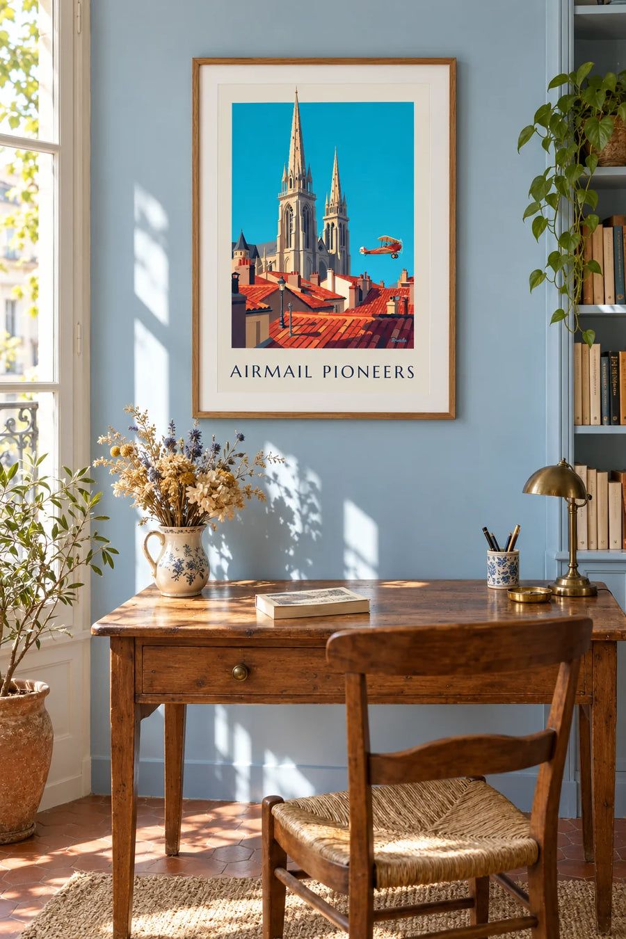Affiche biplan de l'Aéropostale survolant une cathédrale : encadrée au mur