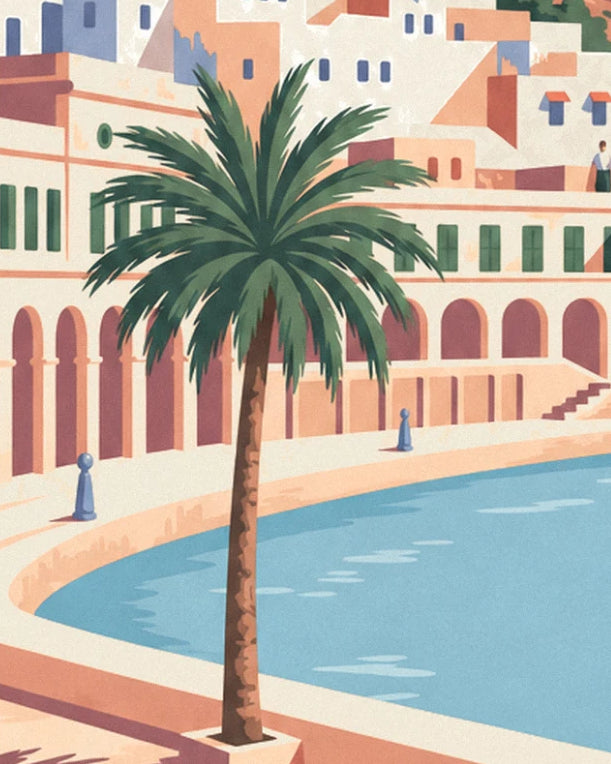 The palm tree in front of the pink arcades beside the blue water