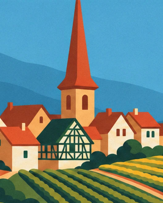 The red-spired church tower and half-timbered houses of an Alsatian village above the vineyards