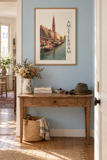 Plakat z targiem kwiatowym przy kanale Singel w Amsterdamie: w ramie na ścianie