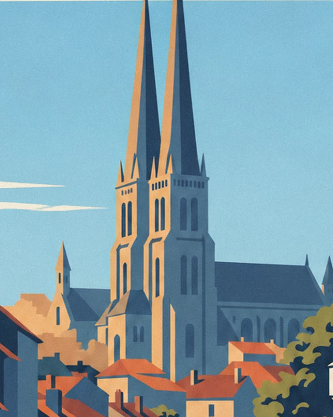 The cathedral's 2 tall spires above the orange roofs against the blue sky