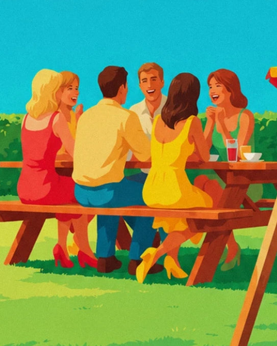 Le groupe d’amis en tenues colorées autour d’une table de pique-nique