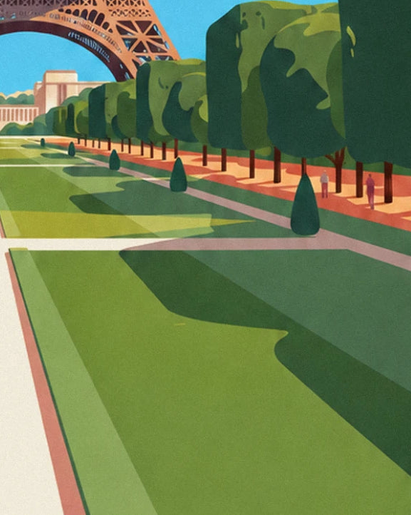 The lawn and tree shadows, with 2 walkers on the orange path and the Trocadéro beyond