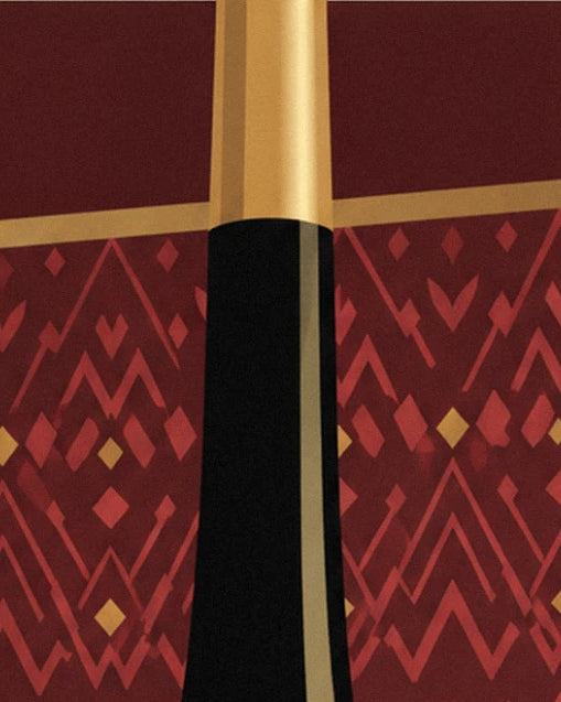 The bottle's black neck and gold band against a burgundy diamond-patterned background