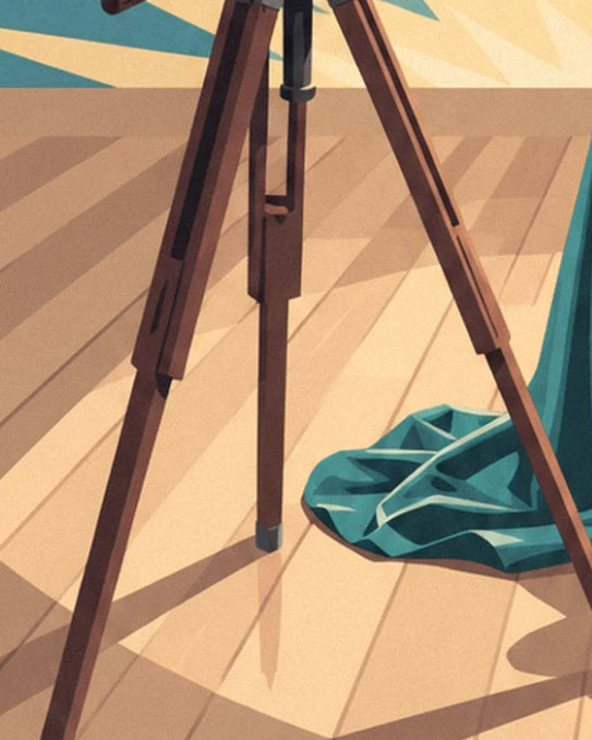 The wooden tripod's legs on the parquet floor beside a length of green fabric