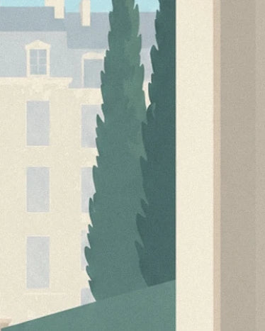 Dark green cypresses between a façade with pastel windows and a cream wall