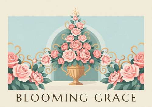 Affiche composition florale aux roses et pivoines dans une urne : l'affiche entière