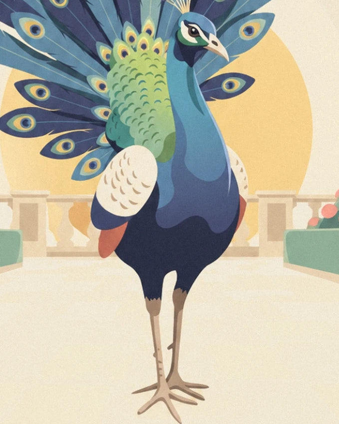The blue and green peacock on its long legs, in front of the golden sun and balustrade