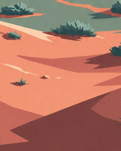 Les dunes de sable orangé et leurs ombres brunes, avec quelques buissons verts épars