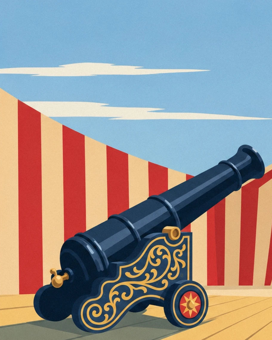 The blue cannon with gold decorations, in front of the red and cream stripes of the big top