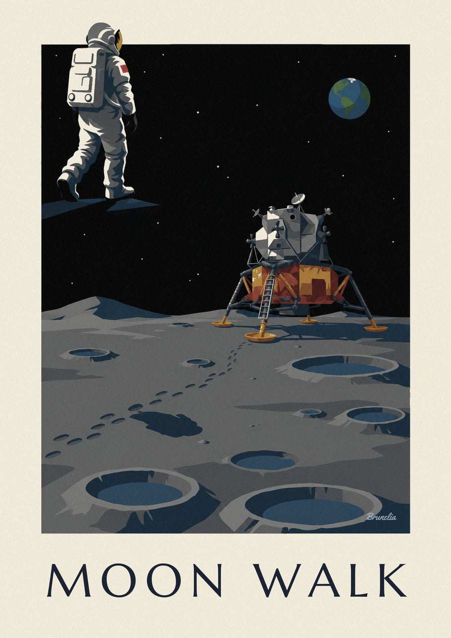 Astronaut walking toward the lunar module on the Moon poster