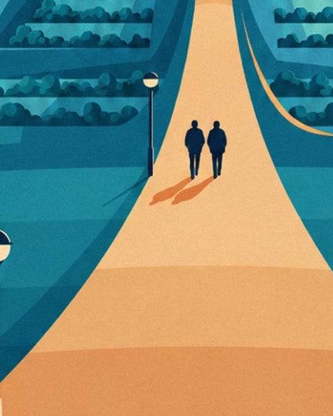 The two figures on an orange path, near a lamppost and planted terraces