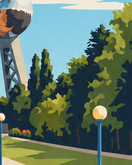 Les lampadaires à globe jaune, les grands arbres et la pelouse au pied de l'Atomium