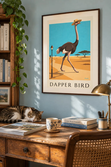 Poster of an ostrich wearing a Panama hat in the savanna: framed on a wall