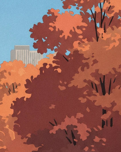 Orange and burgundy foliage with a New York building in the distance