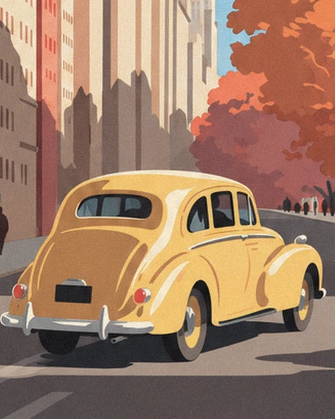 A yellow car with rounded wings on a street lined with russet trees