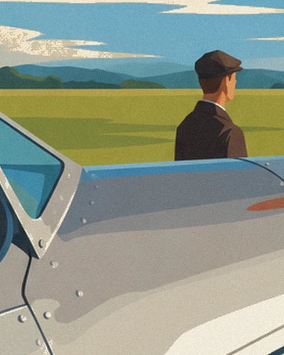 A man in a cap behind the silver fuselage, facing the airfield