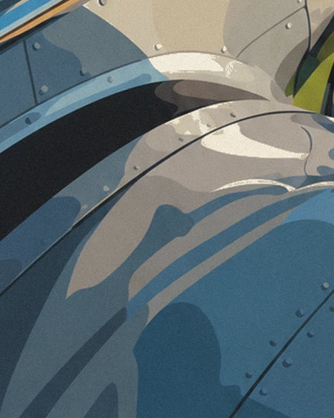 The curves of the chrome fuselage, its rivets and blue-toned reflections