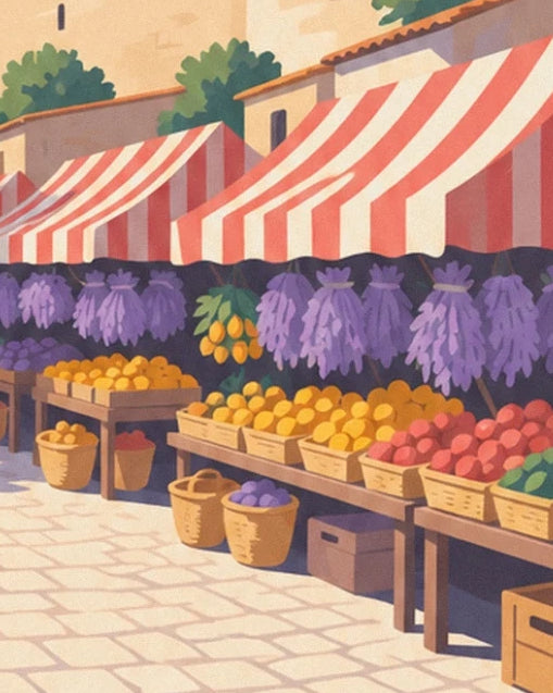 Colourful fruit stalls and bunches of lavender beneath striped awnings
