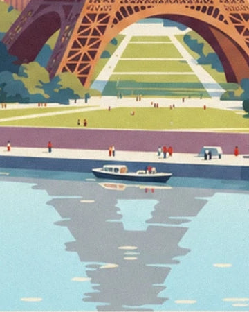 Un bateau sur la Seine et le reflet de la tour Eiffel sous son arche ocre