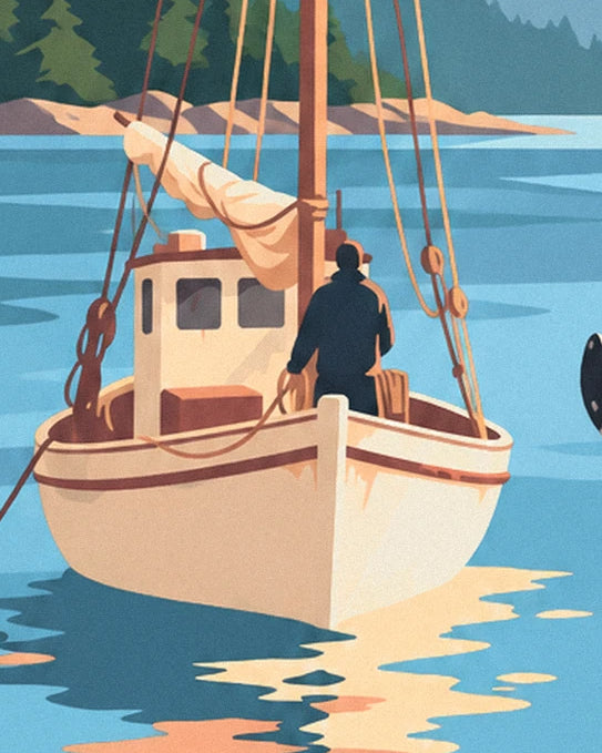 The sailor in a dark jacket at the bow of the cream boat with brick red trim
