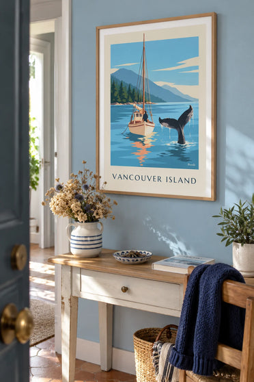 Affiche queue de baleine près d'un voilier au large de l'île de Vancouver : encadrée au mur