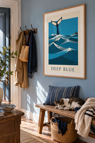 Affiche baleine à bosse plongeant dans l'océan, queue dressée : encadrée au mur