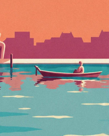 A pink rowing boat with its passenger on the turquoise water, in front of the shoreline's silhouette