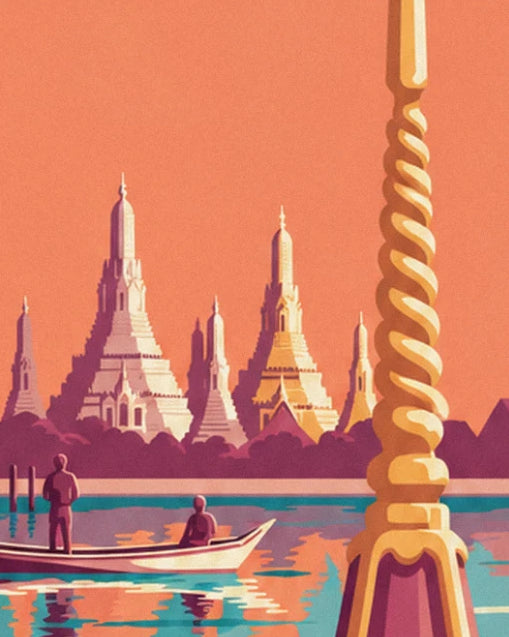 The prangs of Wat Arun in the orange light, with 2 rowing boats and a twisted golden pillar
