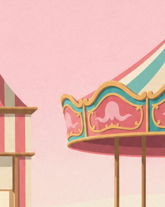 Le manège aux frises dorées et turquoise ornées de méduses roses, sous un ciel rose