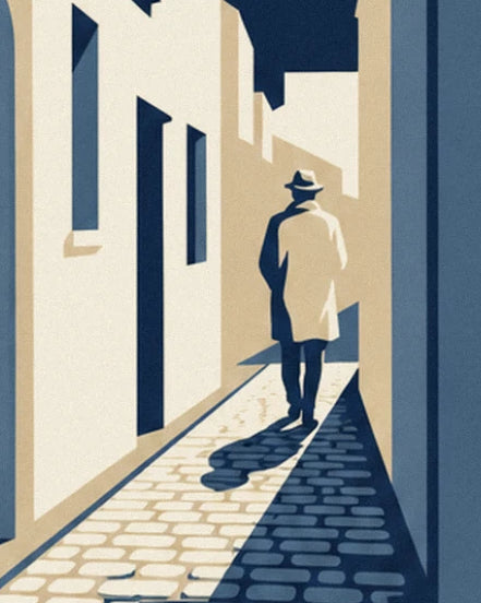 A man in a pale coat and hat walking away down a cobbled alley, between sunlit façades