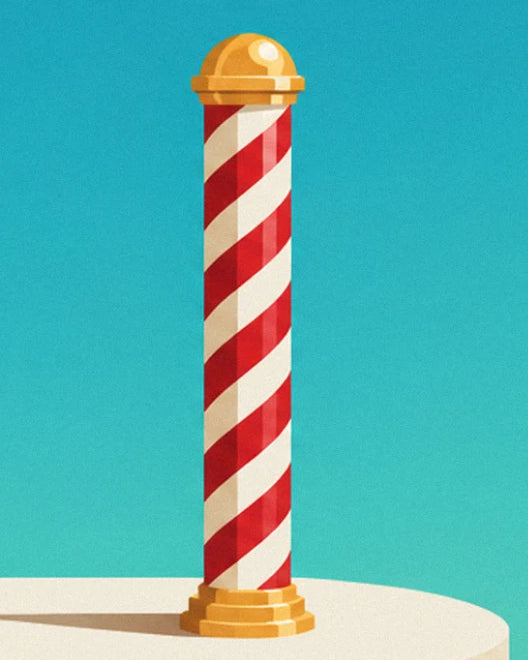 The red and white striped barber's pole, topped with a golden dome, on its cream base