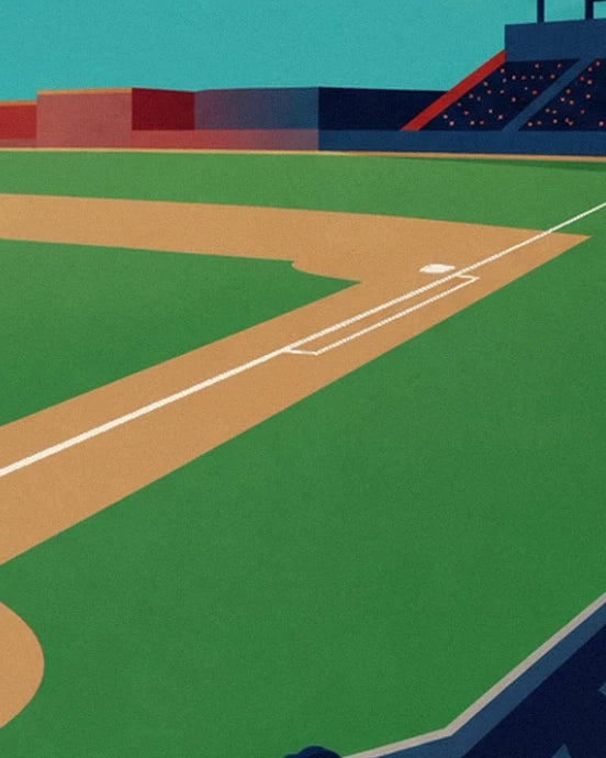 White lines and a base on the ochre dirt, bordered by green grass