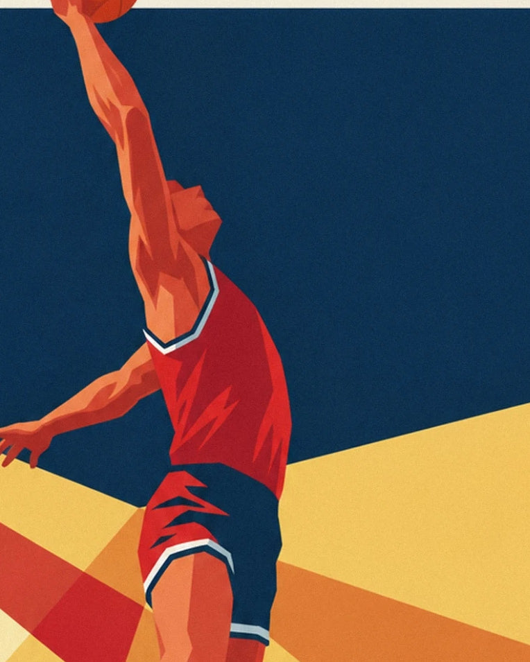 Affiche joueur de basketball en plein dunk sur fond de rayons : détail en gros plan