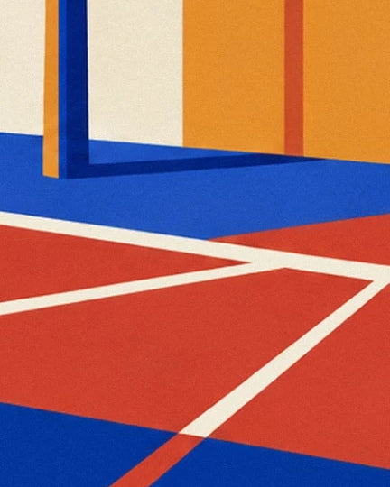 Les lignes blanches du terrain rouge et bleu au pied du support du panier