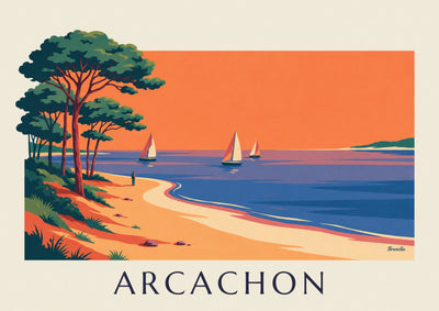 Plakat z zatoką Arcachon o zachodzie słońca, żaglówkami i sosnami: cały plakat
