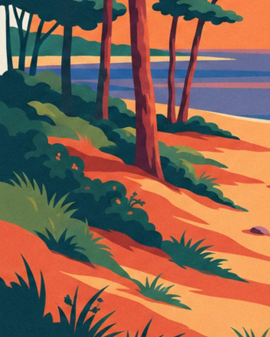 An orange sand dune beneath pines with red trunks, with green bushes and grasses and the bay in the background