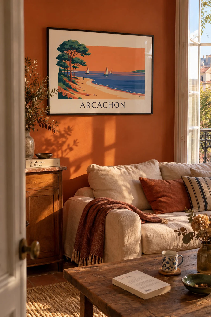 Poster of the Arcachon Bay at sunset, sailboats and pines: framed on the wall