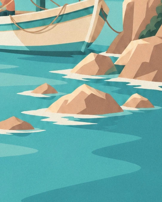 La coque crème de la barque près des rochers ocre qui affleurent dans l'eau turquoise