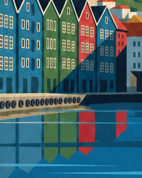 Les maisons bleues, vertes et rouges de Bryggen et leurs reflets au pied du quai