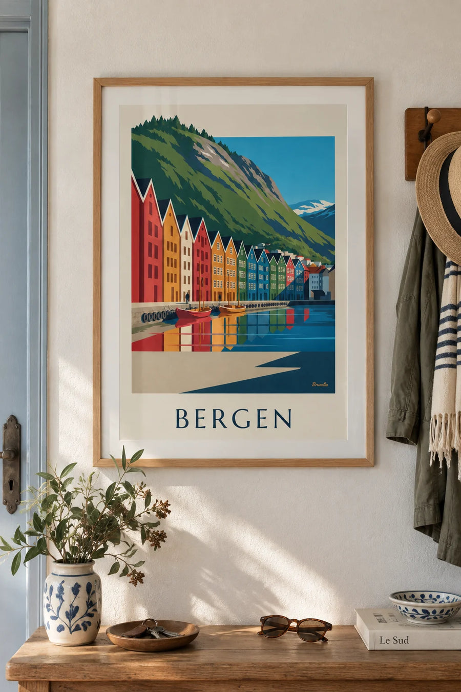 Affiche quai de Bryggen, maisons colorées et port de Bergen : encadrée au mur