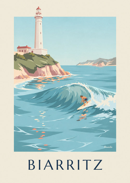 Poster of a surfer under the Biarritz lighthouse on the Basque coast: the full poster