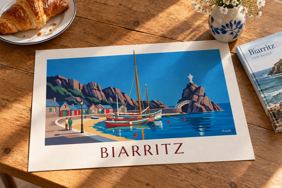 Plakat Port des Pêcheurs w Biarritz i Rocher de la Vierge: na stole