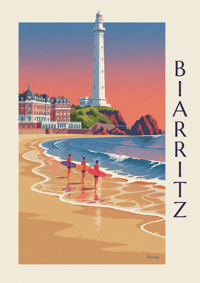 Plakat z surferami i longboardami przed Hôtel du Palais w Biarritz: cały plakat