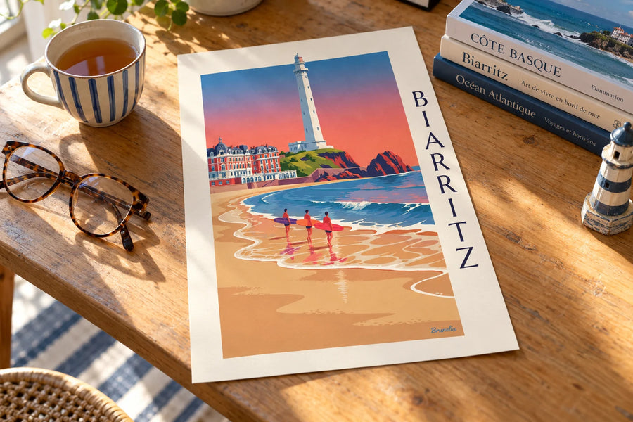 Plakat z surferami i longboardami przed Hôtel du Palais w Biarritz: na stole